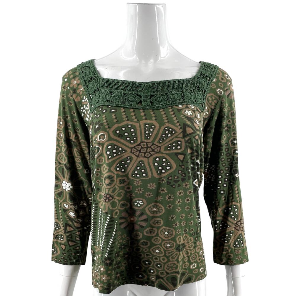 Chicos Womens Top Size 2 / Large Green Brown Lace Square Neck Stretch Knit Shirt